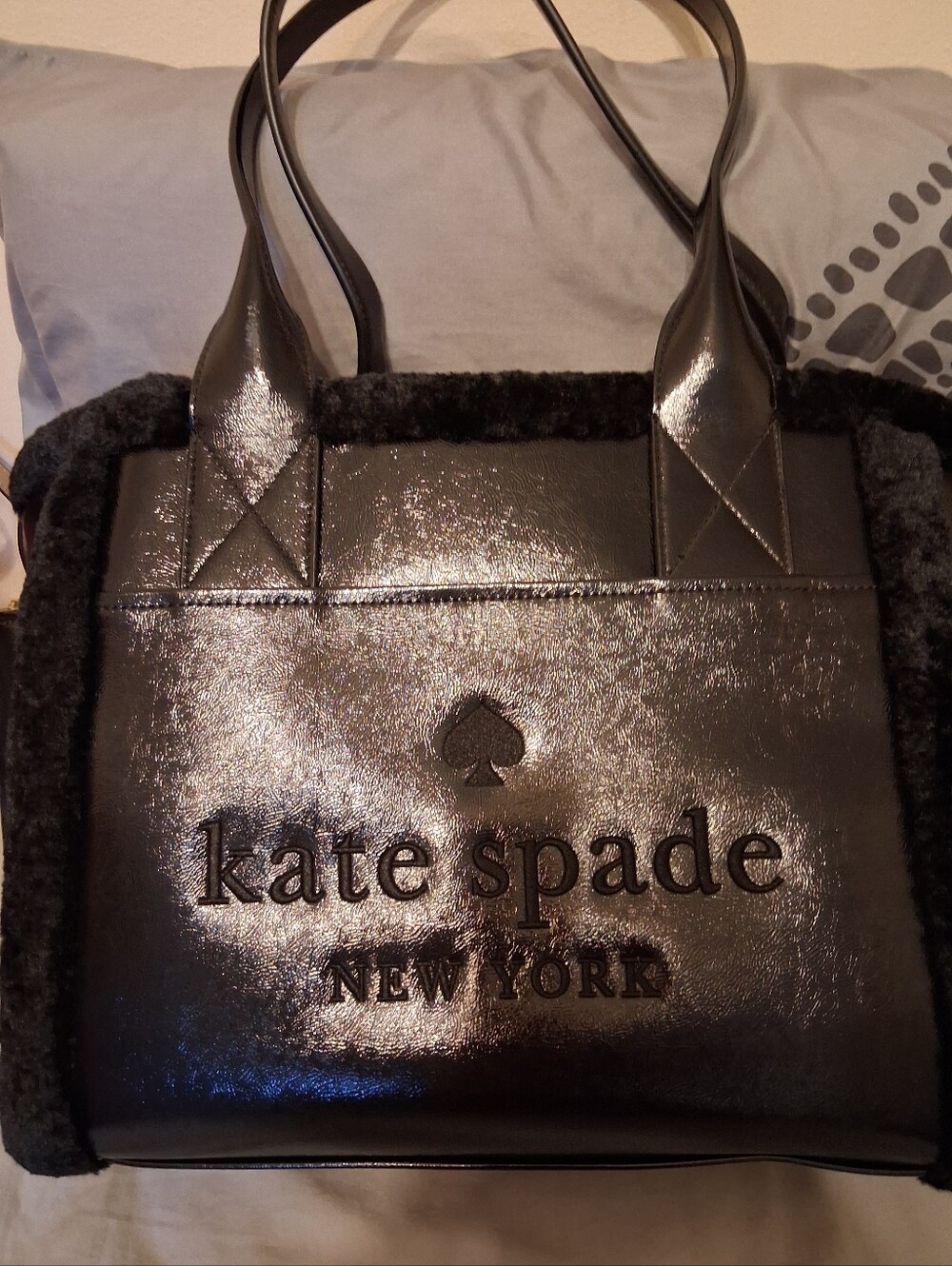 kate spade Black Patent Leather Tote with Shearling Trim